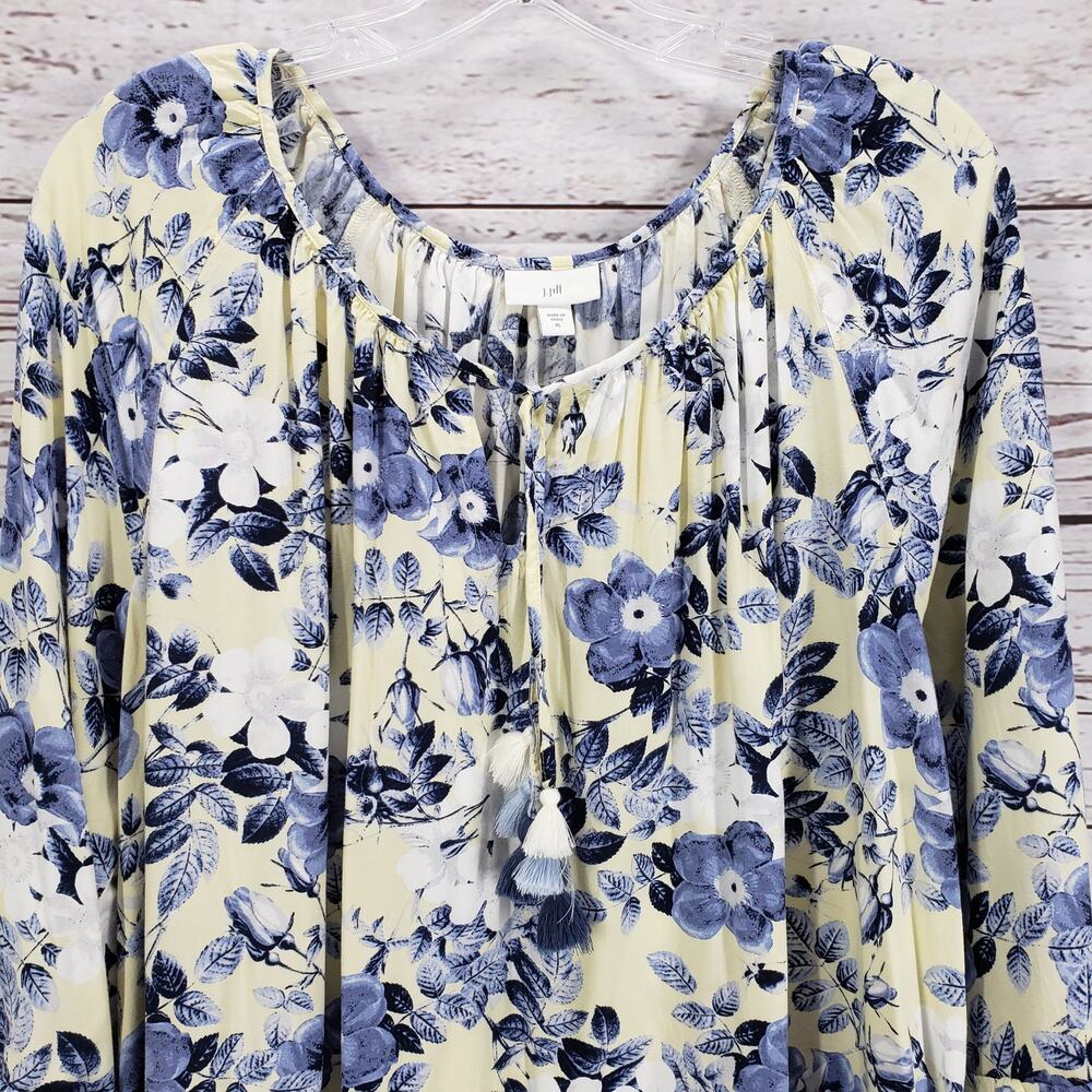 J.JILL  Women's Yellow Blue Floral Tasseled Rayon Tiered Top Size XL - Picture 15 of 15